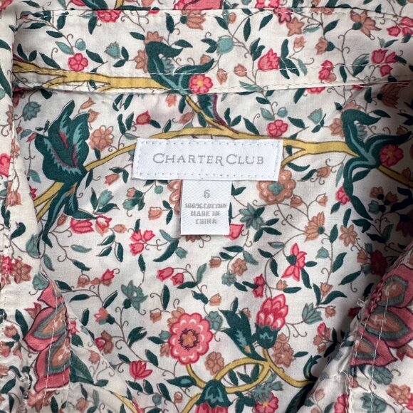 Charter Club Pink Floral Rose Shirt Sz 6 Cotton Button-Up Preppy Coastal Grandma - Picture 5 of 7